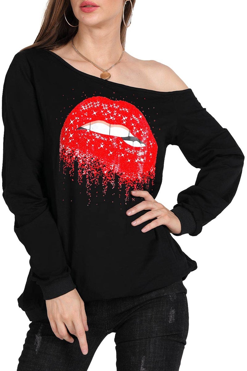 MAGICMK Womanâ€™s Sweatershirt Lips Print Causal Blouse Off The Shoulder Long Sleeve Loose Slouchy Pullover Plus Size Tops(M) Red - Image 5